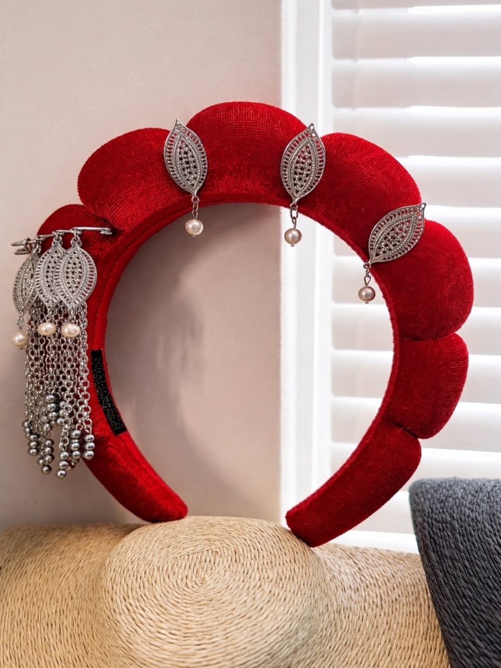 Red Padded Headband with Silver Leaf Accents - Women Accessories